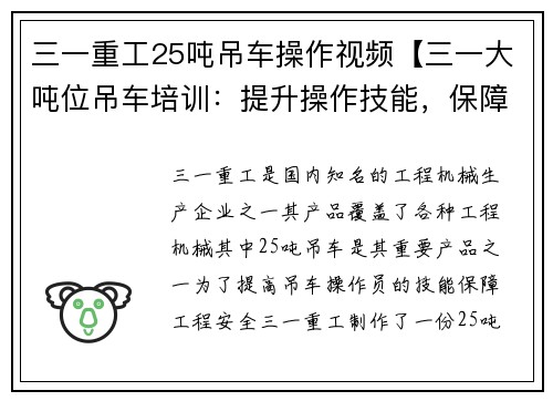 三一重工25吨吊车操作视频【三一大吨位吊车培训：提升操作技能，保障工程安全】