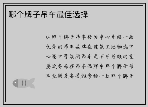 哪个牌子吊车最佳选择