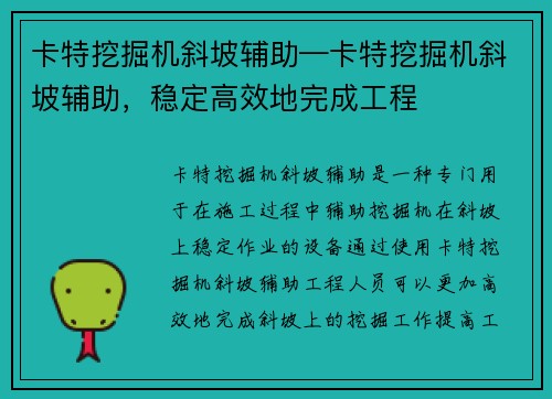 卡特挖掘机斜坡辅助—卡特挖掘机斜坡辅助，稳定高效地完成工程